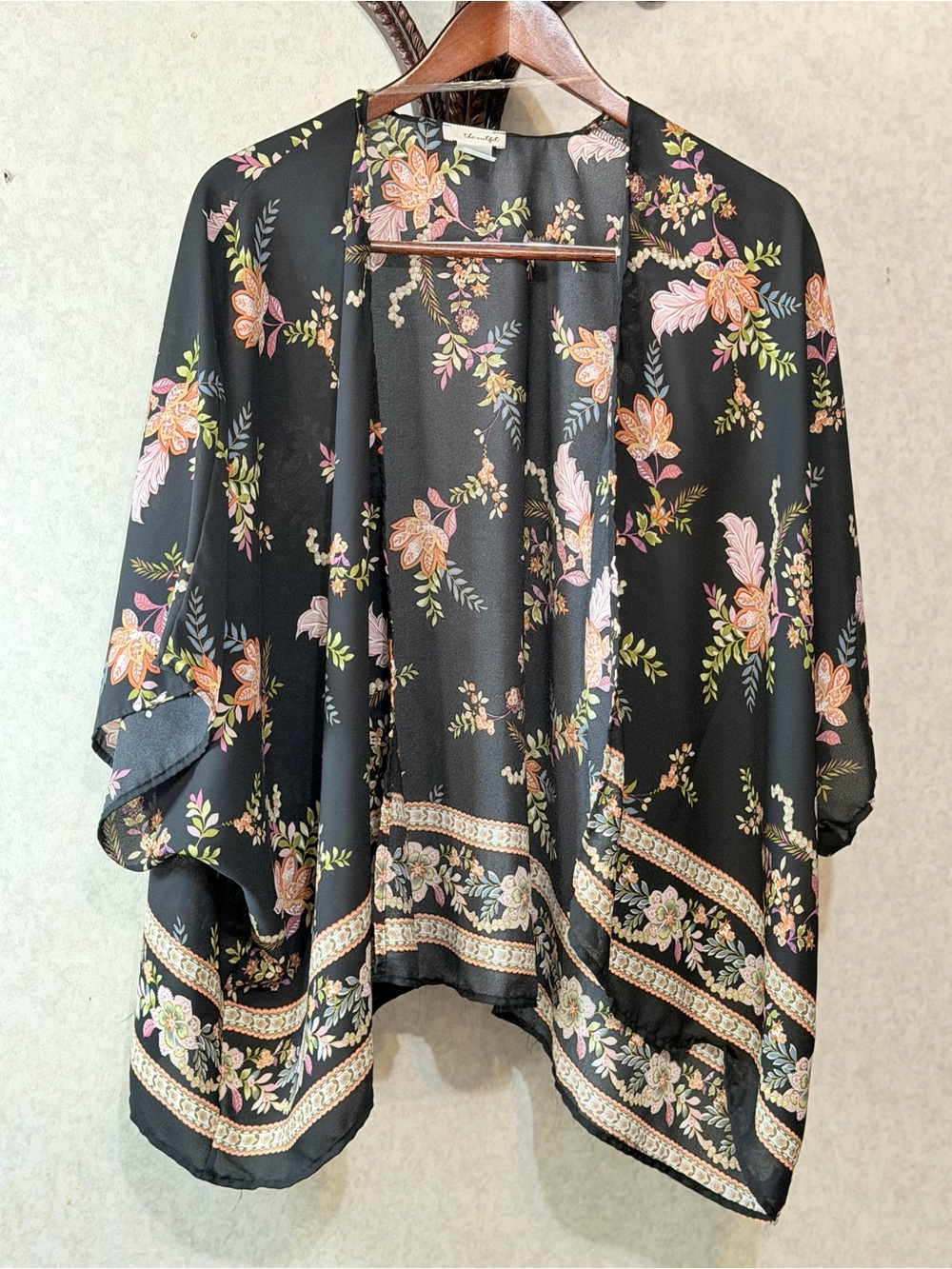 Floral Kimono Black Boho Open Front Cardigan Lightweight One Size EUC - Picture 2 of 7